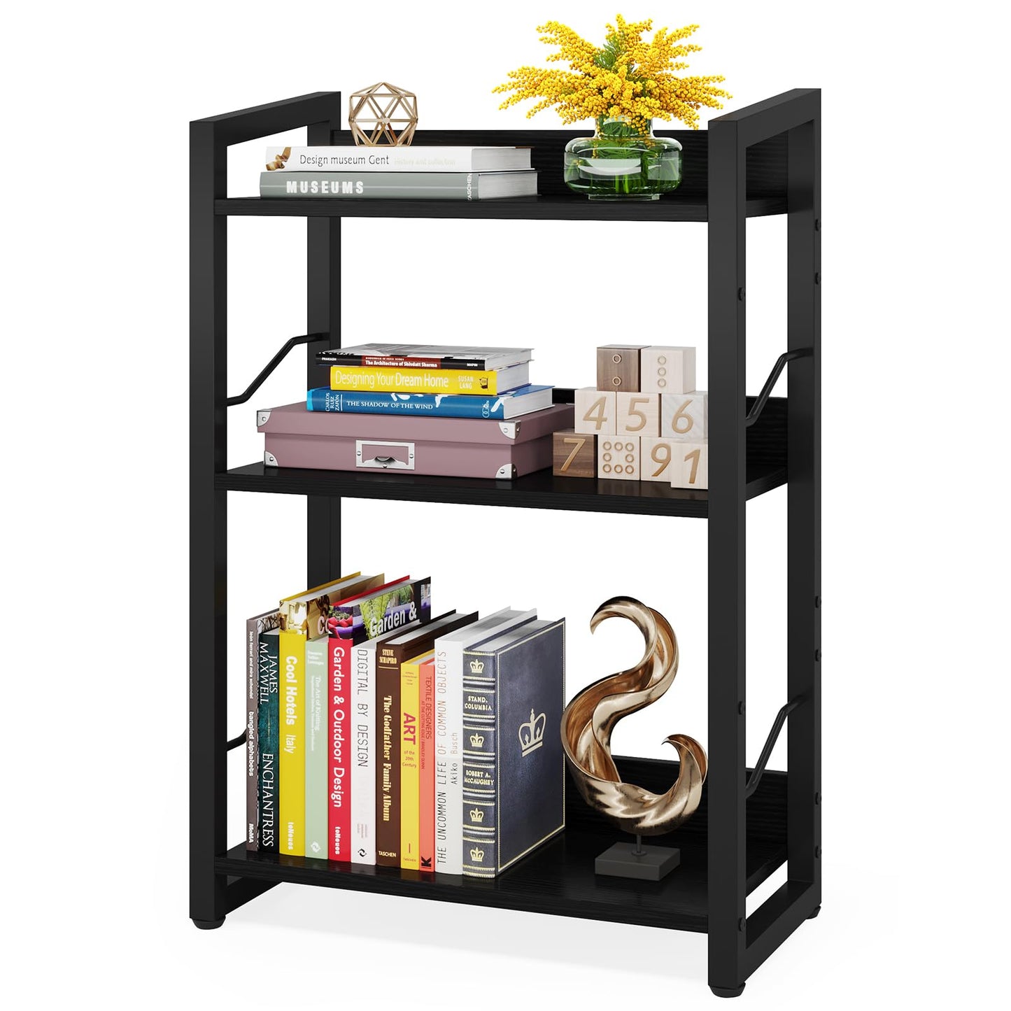 Hosfais Book Shelf Small Bookshelf - 3-Tier Wood Bookcase Industrial Bookshelf Metal Narrow Bookcase Storage Organizer Display Rack for Bedroom Living Room Home Office (Black)