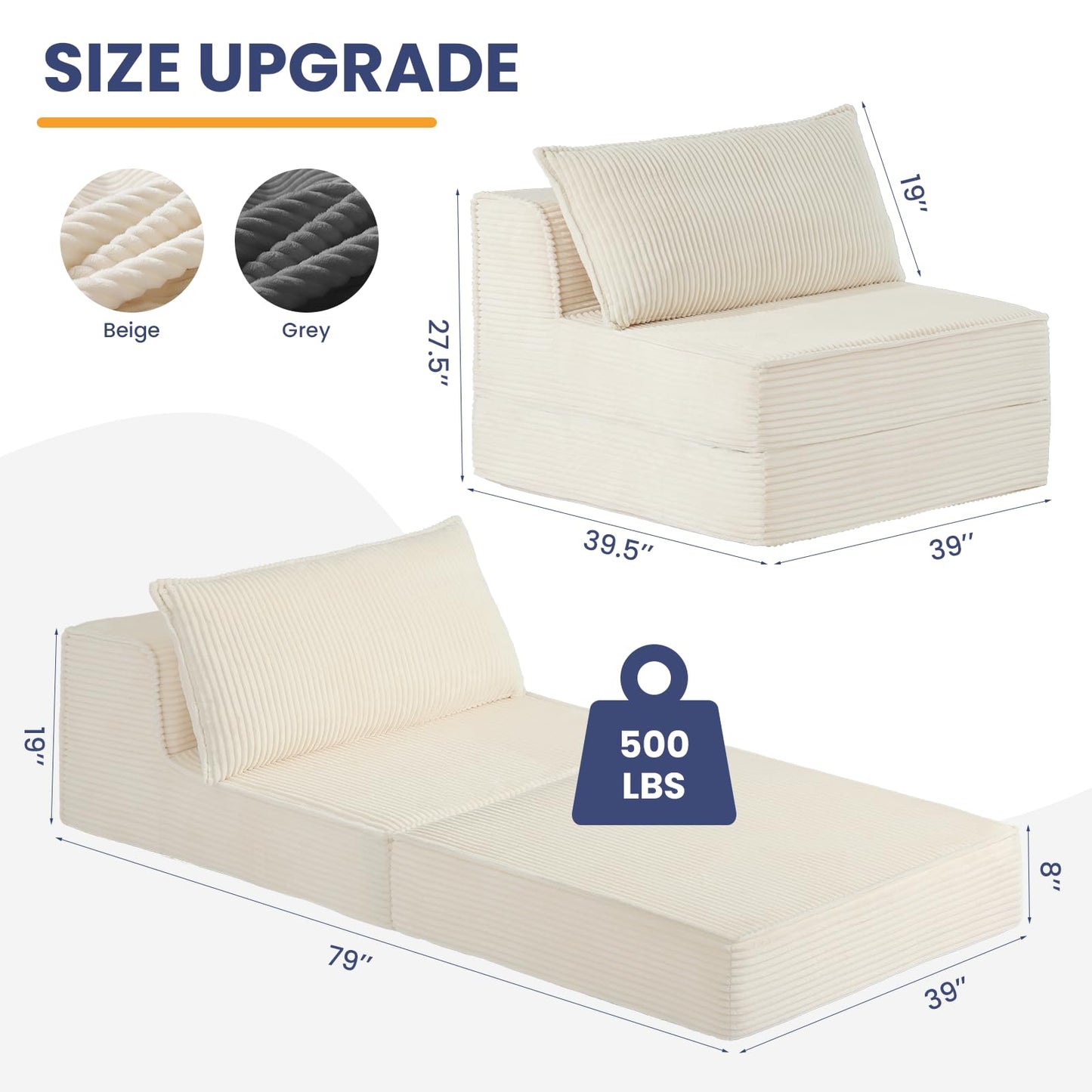 NLDD Convertible Sofa Bed, Fold Out Loveseat Sleeper Sofa Chair with Pillow, Folding Sofa Bed with Back Support, Portable Chair Bed Comfy Floor Lounge Sofa for Living Room Bedroom Guest Room, Beige