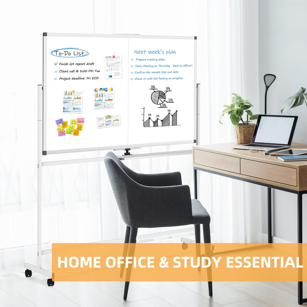 WALGLASS Rolling Dry Erase Whiteboard, 48"x36" Double-Sided White Board on Wheels, Large Portable White Board with Stand, Mobile Standing Whiteboards for Office, Home, School, Classroom 4x3 ft