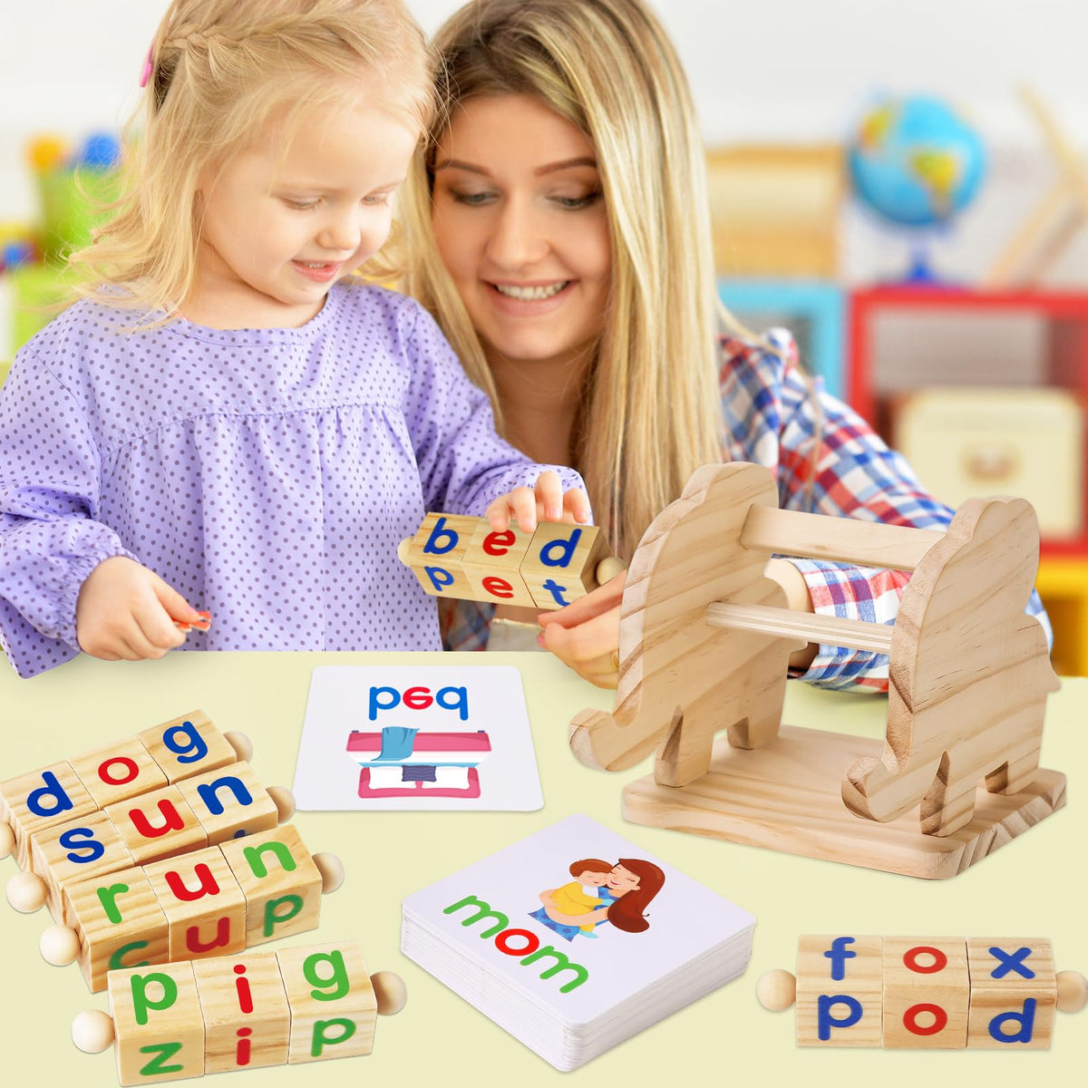 ShyLizard Montessori Learning and Educational Toys Gifts for Kids 3 4 5 Years, Wooden Reading Blocks Toys, Learning Activities for Preschool Kindergarten, Turning Rotating Matching Flash Card Games