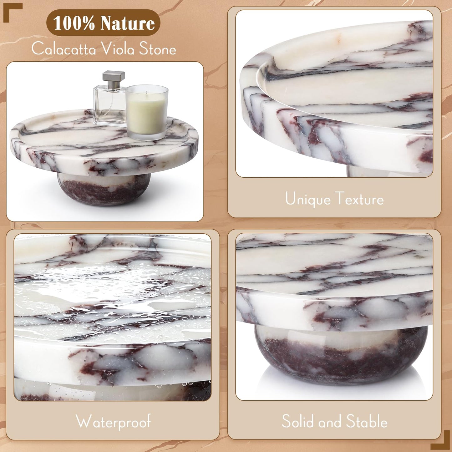 Ferrochef Natural Round Marble Tray with Legs, 7" Calacatta Viola Solid Marble Pedestal Tray Decorative for Bathroom Vanity, Kitchen Counter, Jewelry, Perfume and Candle Display