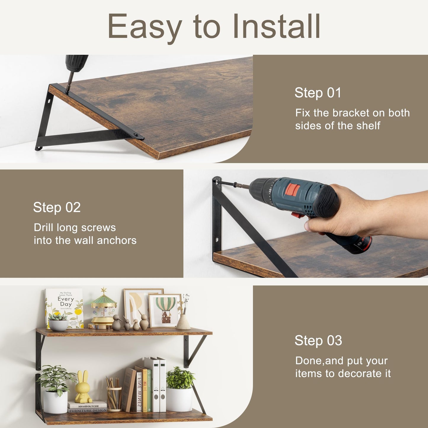 36"W x 12"D Floating Shelves, Deep Floating Shelves with Brackets, 12 Inch Deep Wall Shelves for Books, Wide Display Storage Shelves for Bathroom, Living Room, 36 Inch Long, Rustic Brown, Set of 2