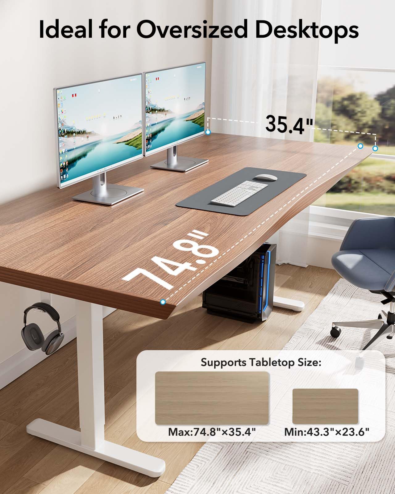 HUANUO Standing Desk Frame with 220lbs Powerful Brushless Motor, Thick T-Shaped Adjustable Desk Legs Made of Automotive-Grade Steel, for Max 75″ x 35″ Desktop, for Home Office, White Frame Only