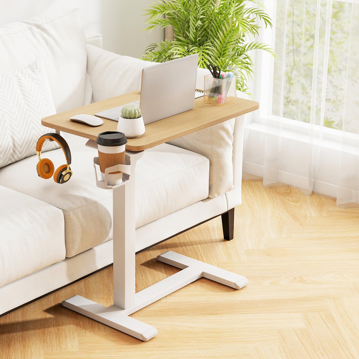 Tangkula Mobile Standing Desk, Pneumatic Height Adjustable Rolling Desk with Cup Holder & Headphone Hook, Overbed Table with Hidden Wheels, Laptop Computer Cart for Couch, Home, Office (Natural)