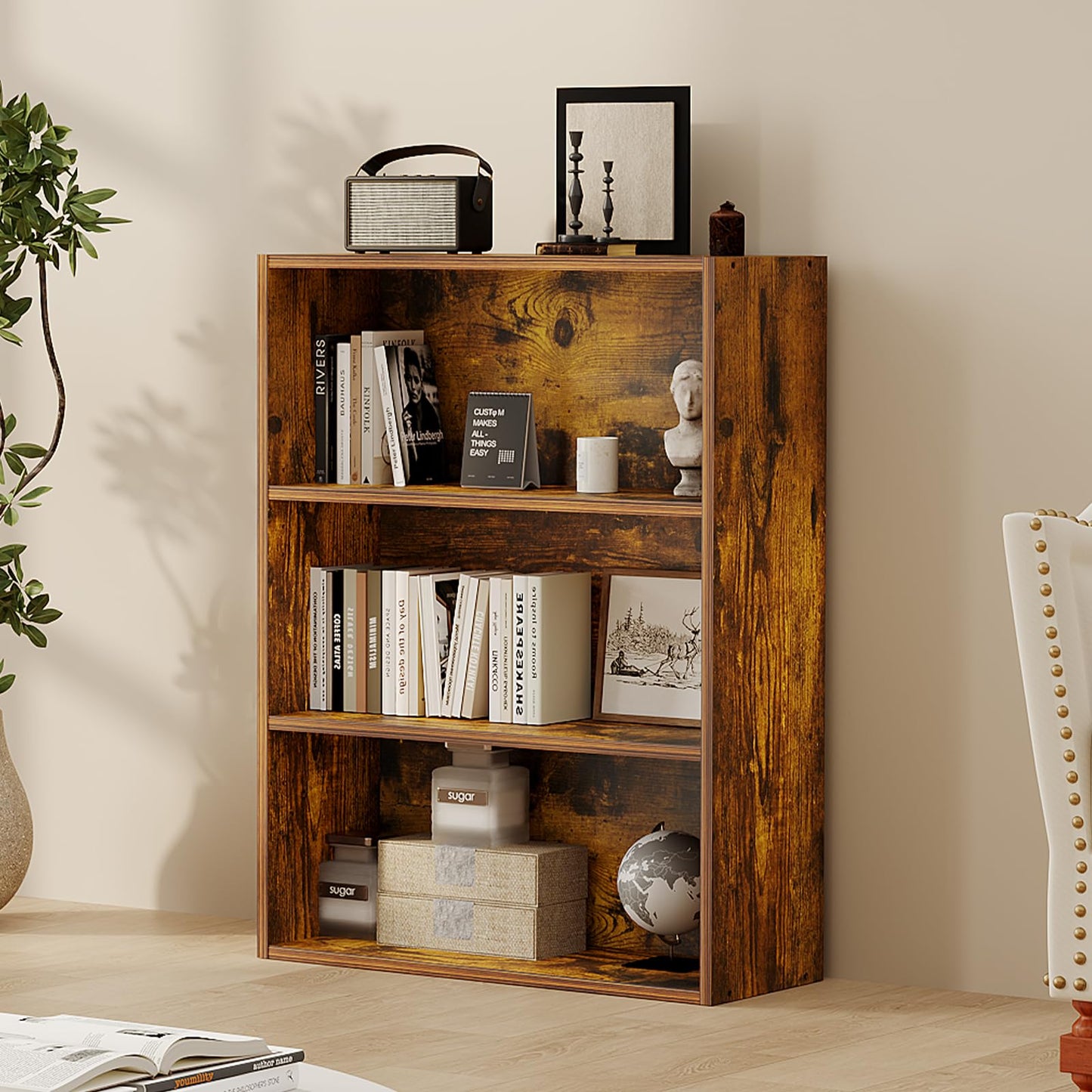 Sweetcrispy Industrial 3 Shelf Bookcase - Large 31.5 Inch Tall Floor Standing Open Bookshelf for Home Office, Living Room, and Bedroom Storage, Display Organizer, Brown