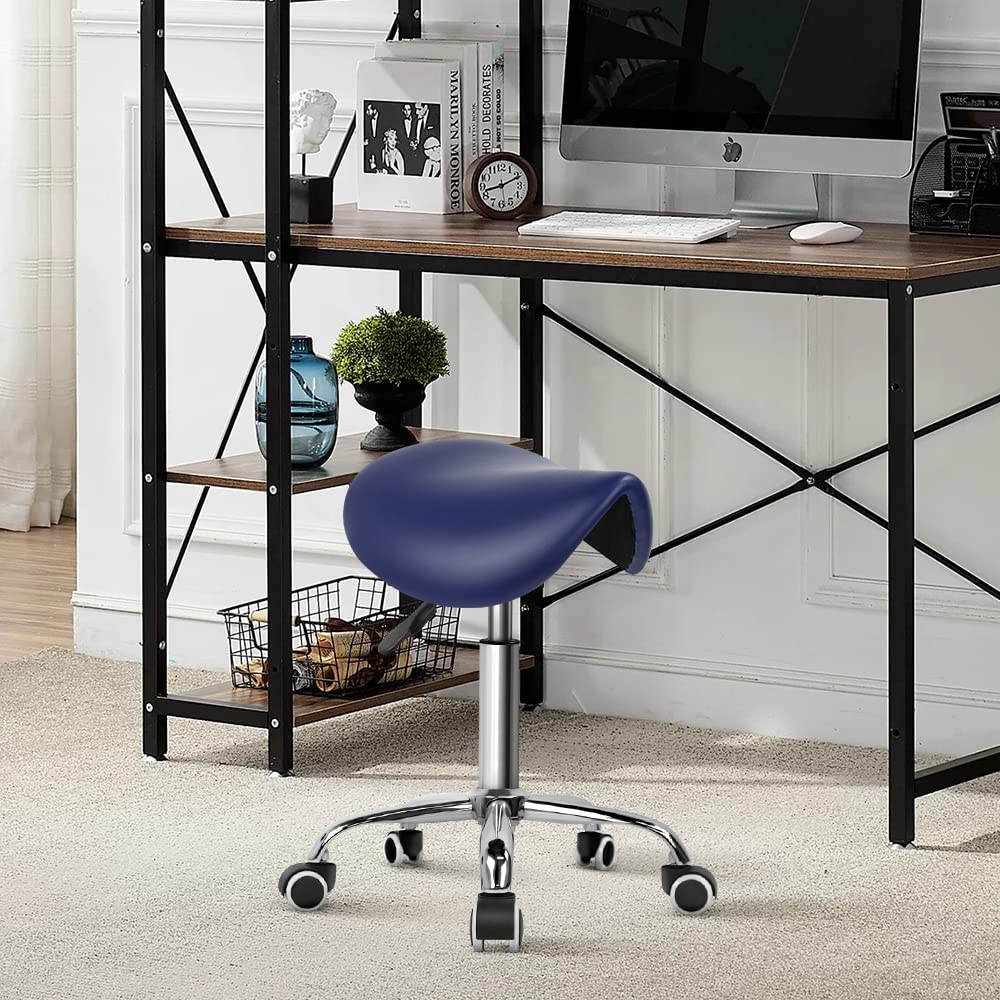 KKTONER Rolling Saddle Stool PU Leather Swivel Adjustable Rolling Stool with Wheels Salon Chair (Blue)