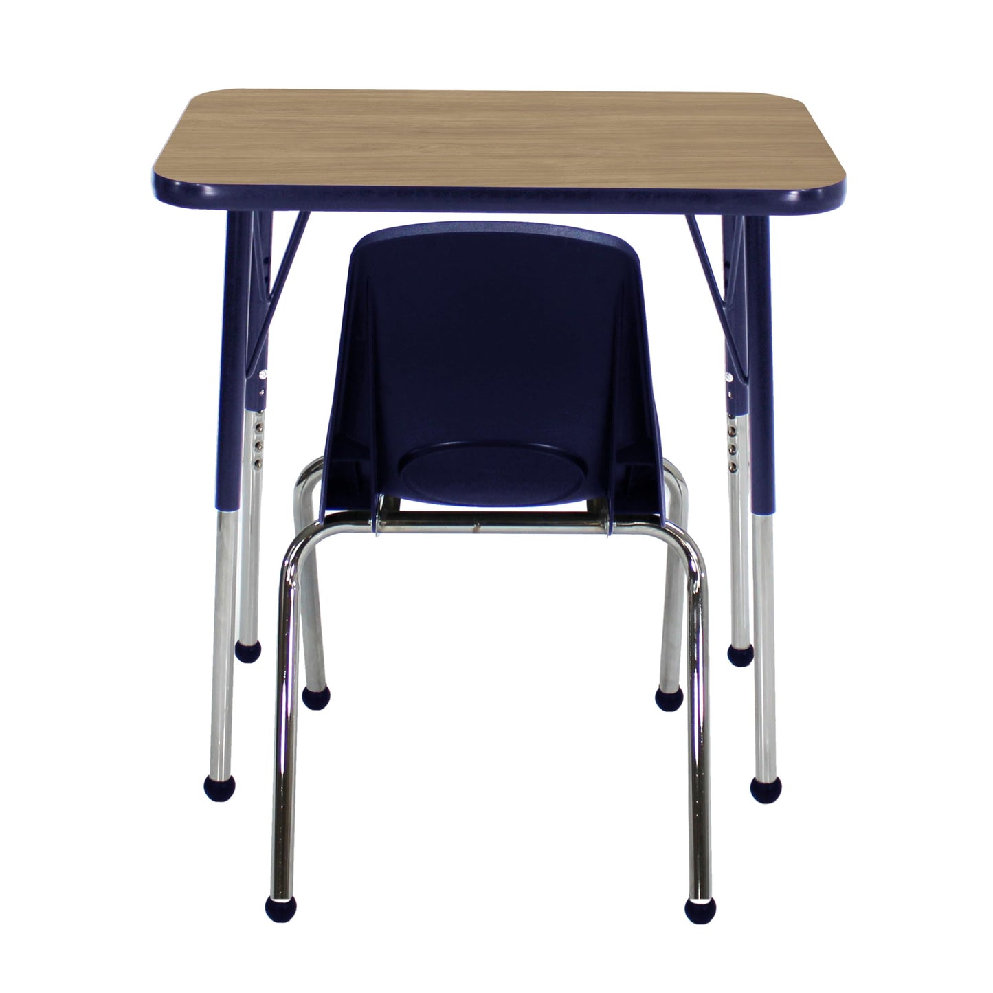 FDP Rectangle (18 x 30 inch) Classroom Single Student Table with Adjustable Standard Ball Glide Legs (19-30 in) and 16" Navy Stack Chair with Ball Glides, 4-Piece - Pasadena Oak Top/Navy Edge and Legs