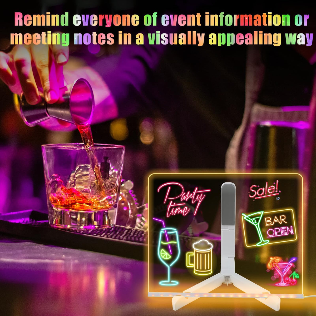 LED Note Board with Colors, Light Up Acrylic Message Board, Glowing Acrylic Dry Erase Board with Light, Led Drawing Board with Stand, 7 Markers (Medium 7.9 * 7.9 inches)