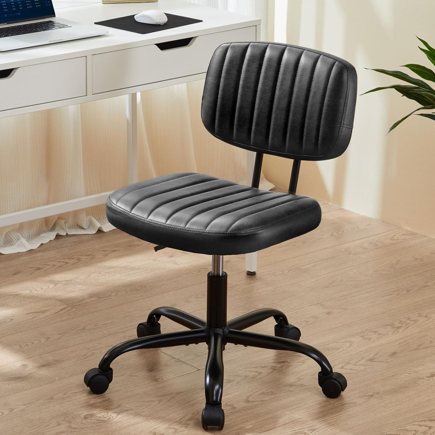 Sweetcrispy Small Office Desk Chair - Armless PU Leather with Comfy Lumbar Support, Height Adjustable Rolling Swivel Task for No Arms, for Adult, Student, Bedroom, Home, Vanity, Black