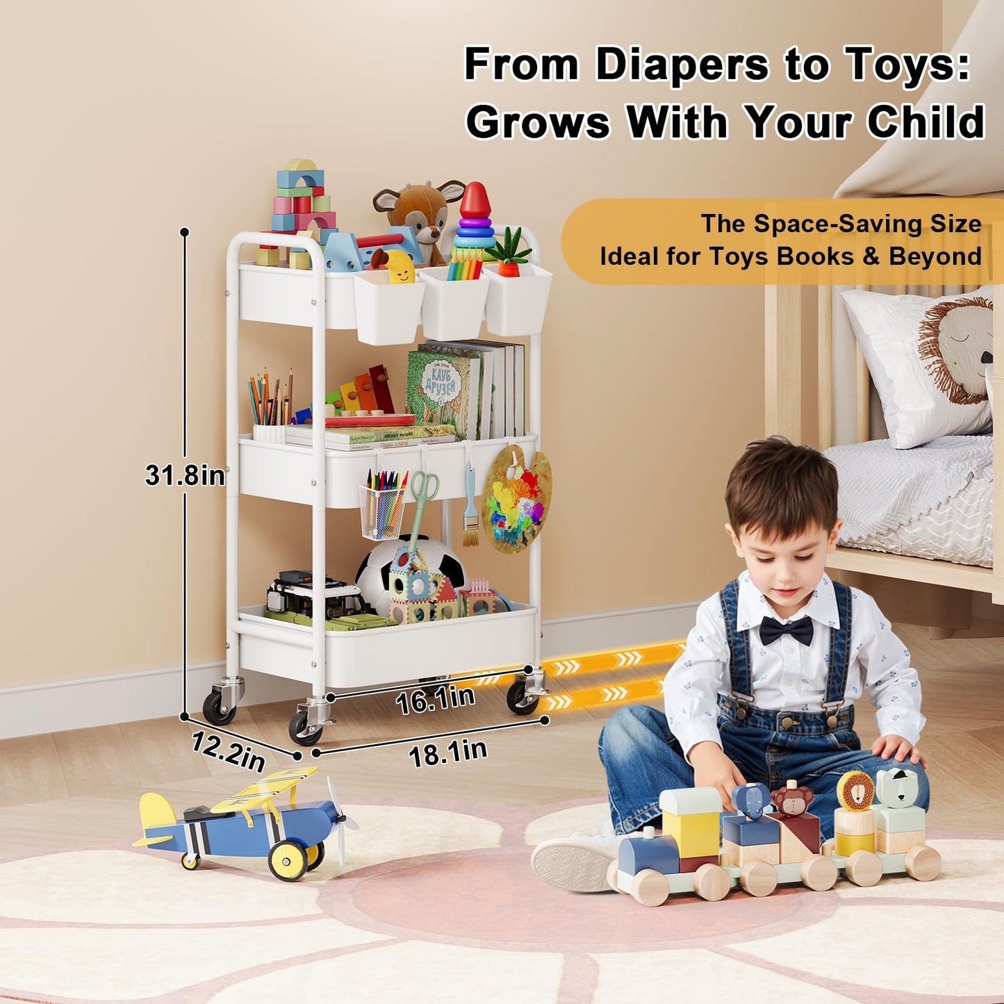 Diaper Cart Organizer with Wheels, 3 Tier Rolling Bedside Cart for Baby Essentials, Baby Organizers and Storage Diaper Caddy Carts for Changing Table, Crib, Bedroom, Newborn Nursery Supplies, White