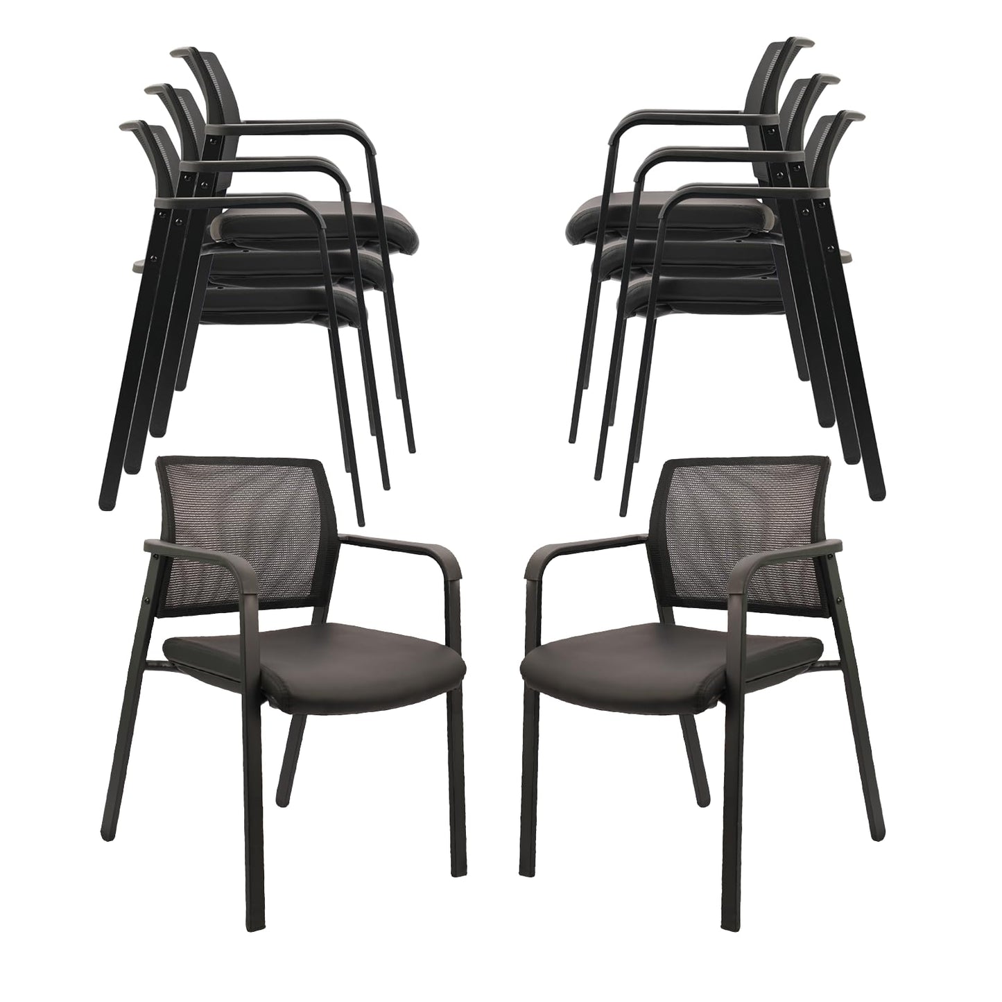 CLATINA Stackable Office Chair, Mesh Back Guest Chairs with Comfortable Leather Seat Arms Stacking Ergonomic Desk Chair No Wheels for Conference Waiting Reception School Stationary, Black, Set of 8