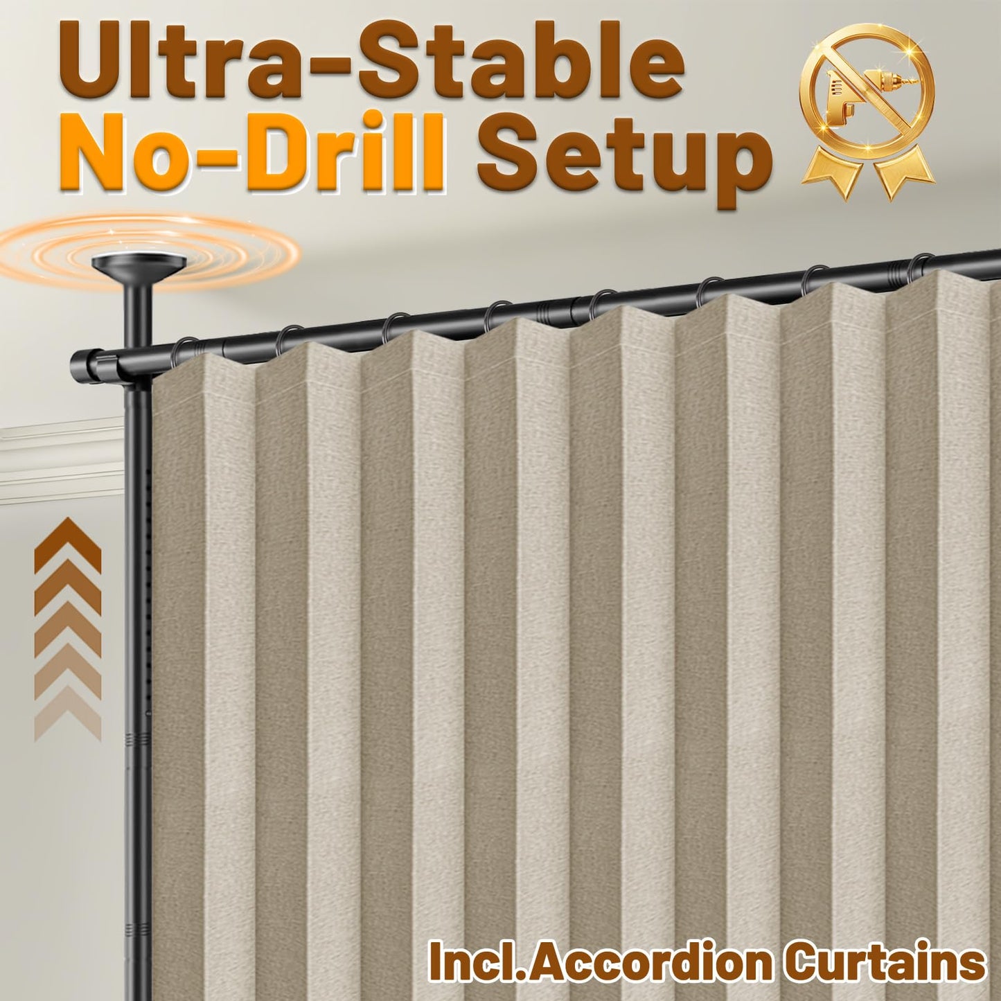 AJAZZ Room Divider Curtain (2 Panels, Beige, W100 x L96 in)+ Curtain Rods No Drilling Adjustable Tension (H) 43-120×(W) 35-200 in, Heavy Duty Wall Divider for Apartment/Dorm
