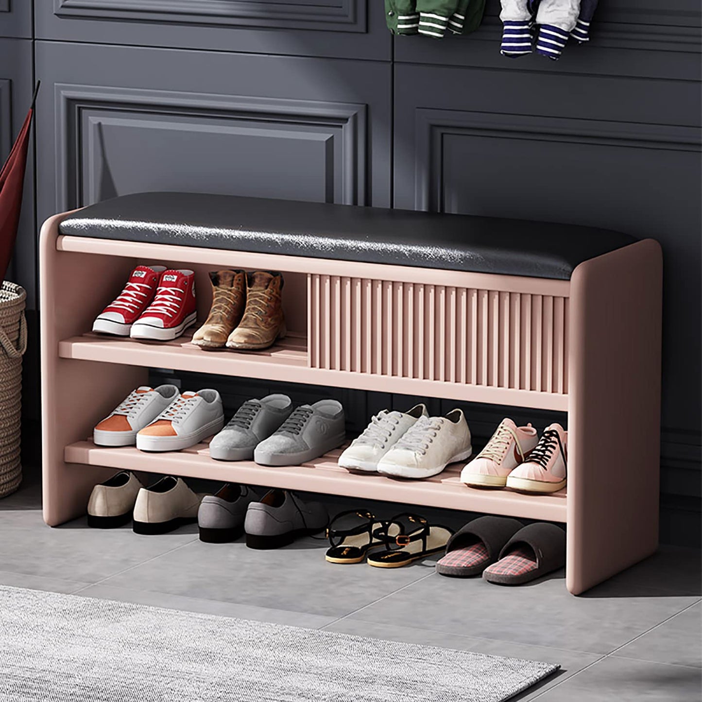 Benches Garden Bench Outdoor Patio Seating Backless Park Chair Lawn Path Slatted Seats,Modern Wooden Shoe Storage Bench with Leather Cushion Pink Black Upholstered Shoe Cabinet Organizer for