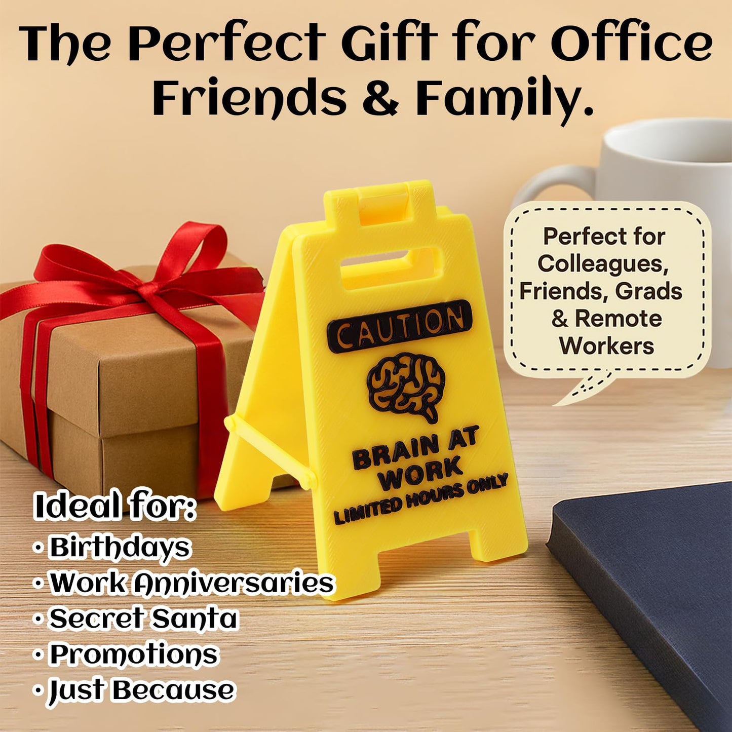 CAUTION Brain at Work Sign, 3D Printed Office Desk Decor, Funny Limited Hours Only Sign for Home Office, Coworker Gift, Birthday Gift for Colleagues, Yellow Desk Accessory