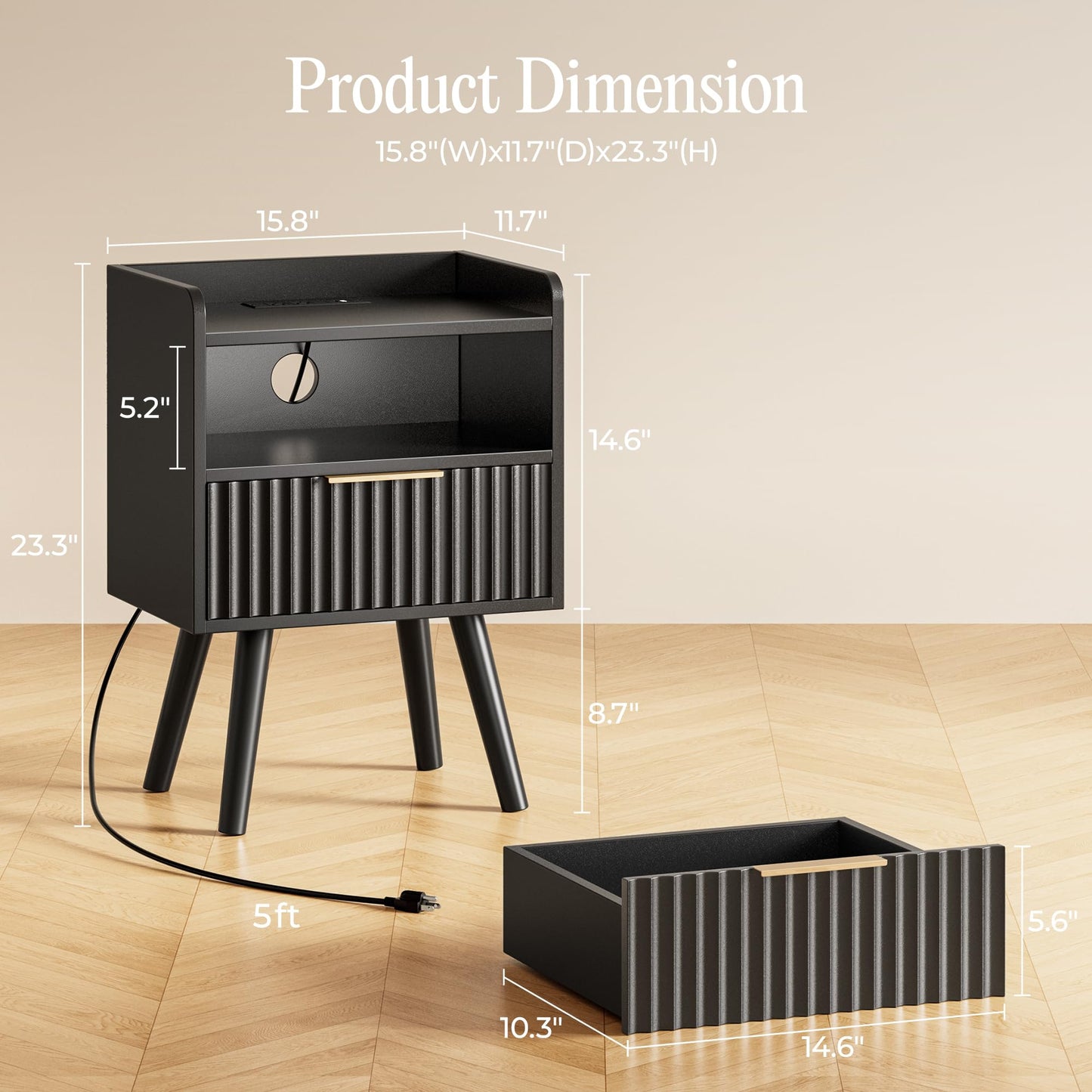 Huuger Nightstand with Charging Station, USB-C Port, Fluted Night Stand with Drawer, Bed Side Table with Solid Wood Feet, Open Storage, End Table with Raised Edge, for Bedroom, Black