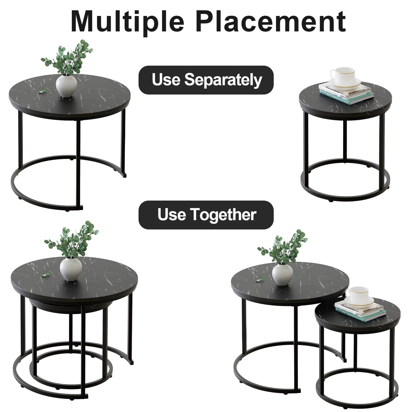 aboxoo Round Nesting Coffee Table Side Set of 2 End Tables for Living Room Bedroom Balcony,Black Faux Marble Wooden Table 23.6IN Accent Large Coffee Table with Steel Frame