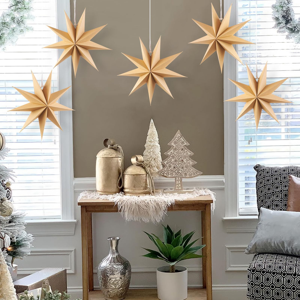SUNBEAUTY 5 Pcs 9-Pointed Natural Paper Star Lanterns 12 Inch Christmas Hanging Lamp Rustic Paper Decorations Shade Wedding Birthday Christmas Home Party Decorations