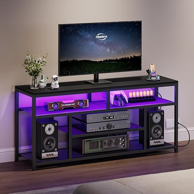 HOOBRO LED TV Stand with Charging Station, 4-Tier Entertainment Gaming Center