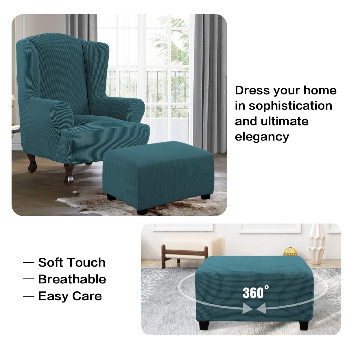 H.VERSAILTEX Ottoman Cover Slipcover Rectangle Fit Length 29'-34' Footrest Sofa Slipcovers Stool Cover Footstool Protector Covers Feature Stretch Thick Soft Jacquard Fabric Washable - Deep Teal