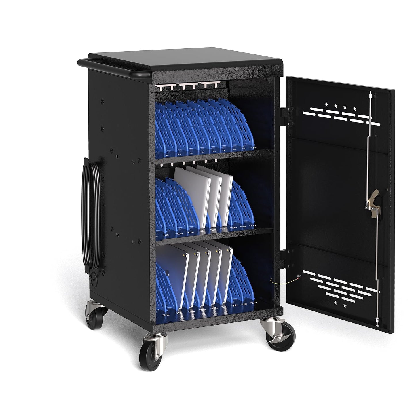 Metateel 30 Device Charging Cart for Chromebooks, iPads & Laptops Up to 14" - Lockable Charging Station with Cable Management, 30-Outlet Power Strip, Circuit Breaker & Casters for Classrooms