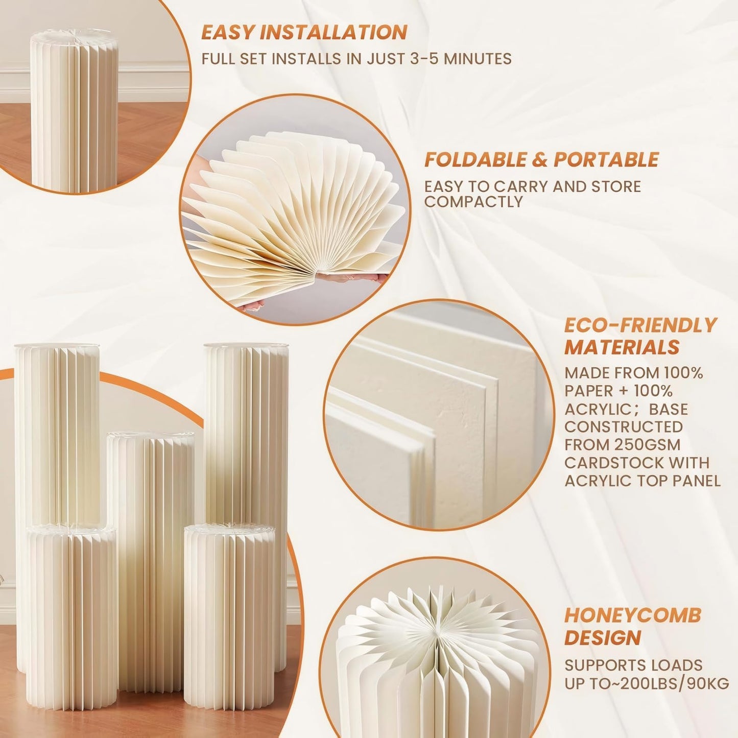 GUYARO Cylinder Stands for Party 5Pcs Round Pedestal Stand Foldable Cardboard Columns Cylinder Tables for Parties Baby Shower Birthday Wedding Pillars Display Decoration (White,5PCS)