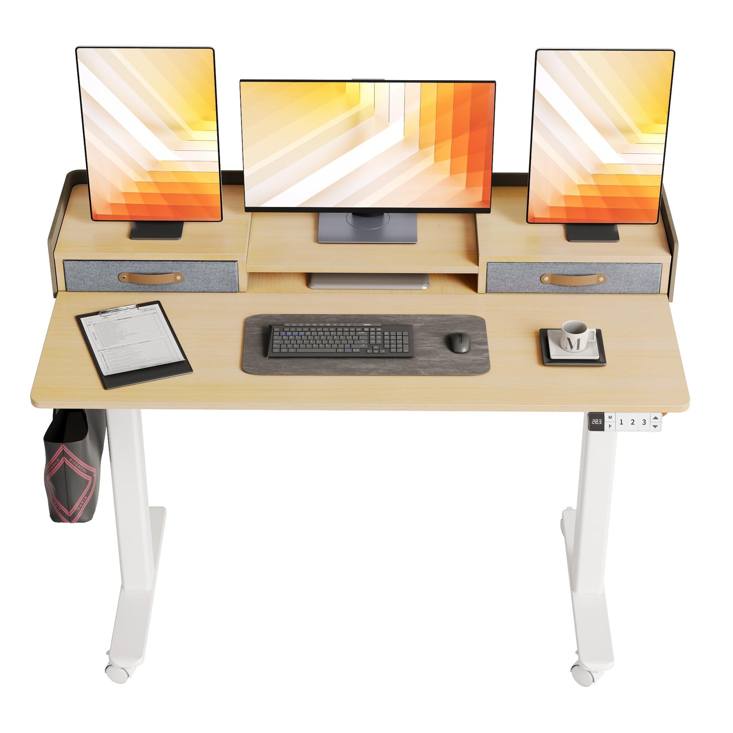 Claiks Standing Desk with Drawers, Stand Up Electric Standing Desk Adjustable Height, Sit Stand Desk with Storage Shelf and Splice Board, 55 Inch, Natural