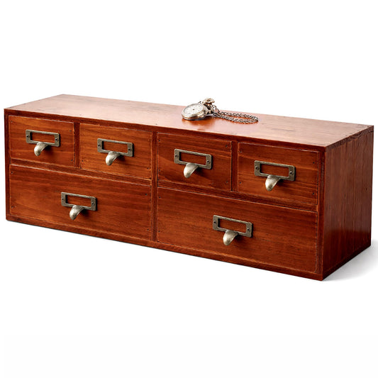 6 Drawer Vintage Apothecary Desk Organizer, Wooden Card Catalog Storage Cabinet with 4 Small & 2 Large Drawers, Rustic Desktop Craft, Jewelry & Office Supply Storage Chest