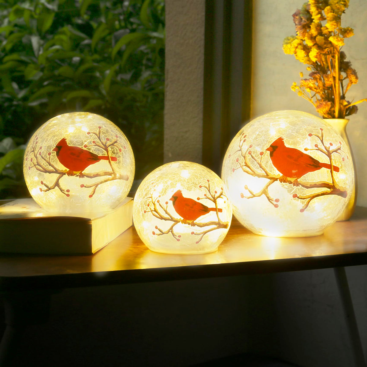 Kaowod Crackle Glass Cardinal Lamp with Timer, Battery Operated Large Red Cardinal Stained Glass Christmas Decor Accent Ball Lamp, Lighted Up Red Bird Globe Table Light, Led Sphere Desk Lamp