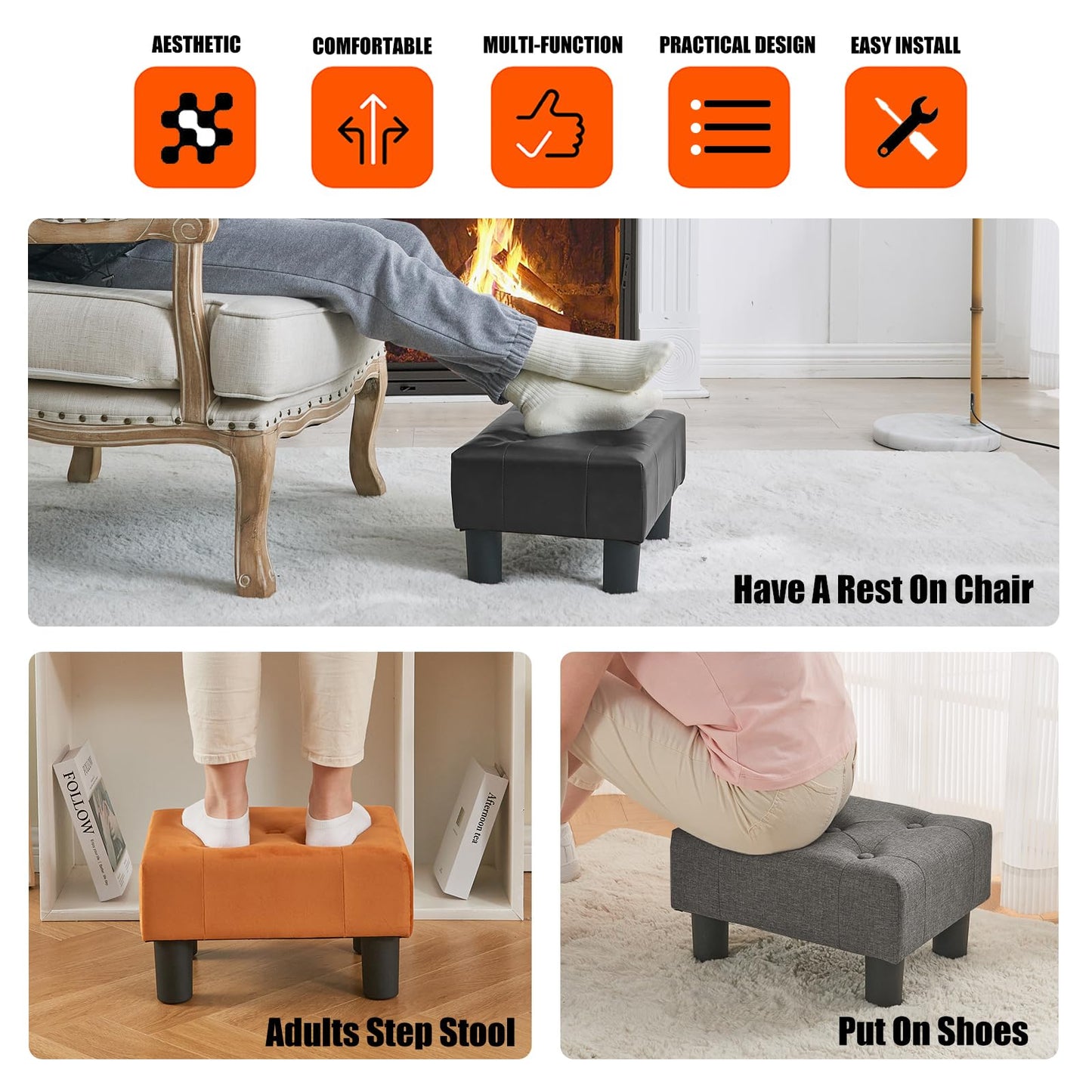 BRIAN & DANY Small Foot Stool, Leather Foot Stools with Legs, Stable Small Footstool for Living Room, Black