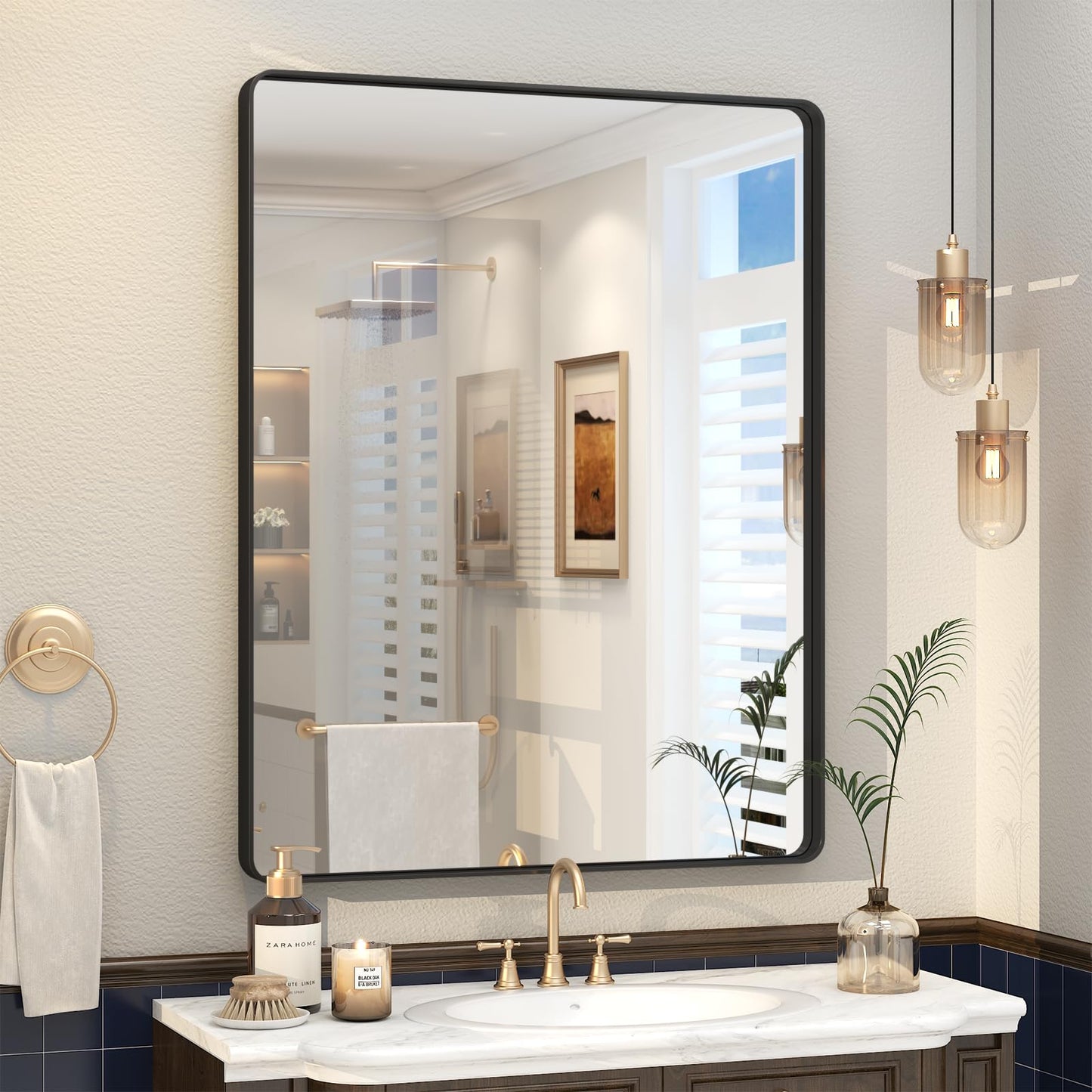 VANLIO 28x36 Inch Black Framed Bathroom Mirror for Wall, Matte Black Metal Frame Mirror, Rounded Rectangle Mirror, Anti-Rust, Shatterproof (Horizontal/Vertical)