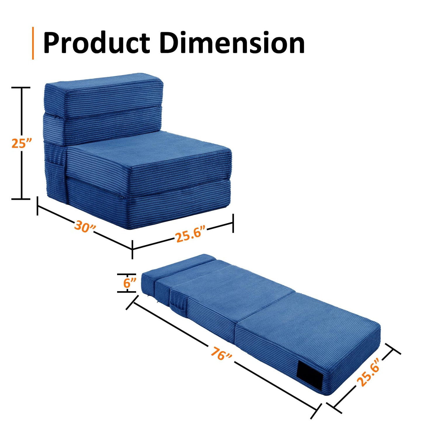 JKMAX Single Size Folding Sofa Bed - 4 in 1 Convertible Sleeper Chair - High Density Memory Foam Futon Couch - Foldable Bed for Living Room Bedroom (Blue)