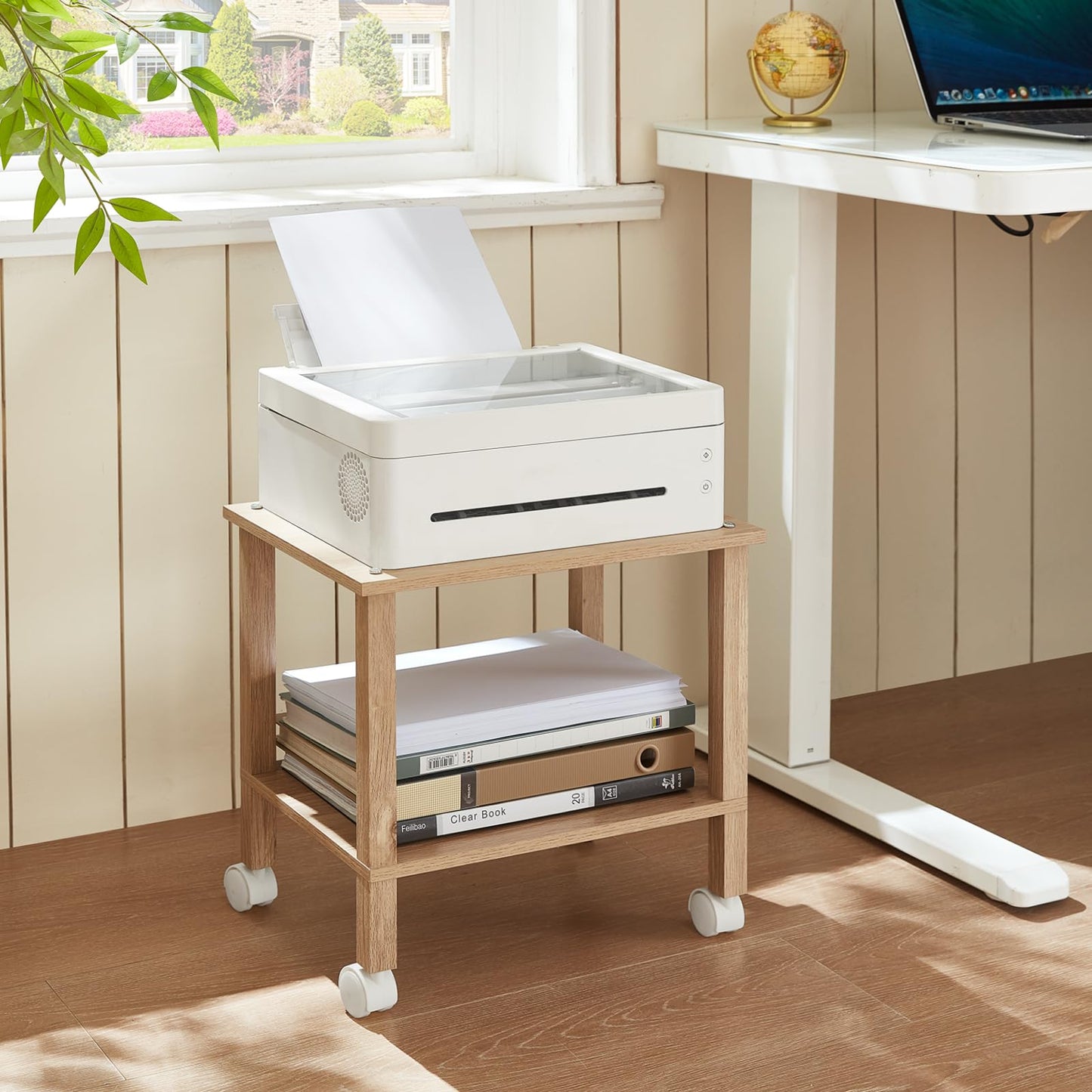 YUFAM 2 Tier Printer Stand with Storage,Under Desk Shelf Printer Table,Small Printer Stand with Wheels,Rolling Printer Cart for Office