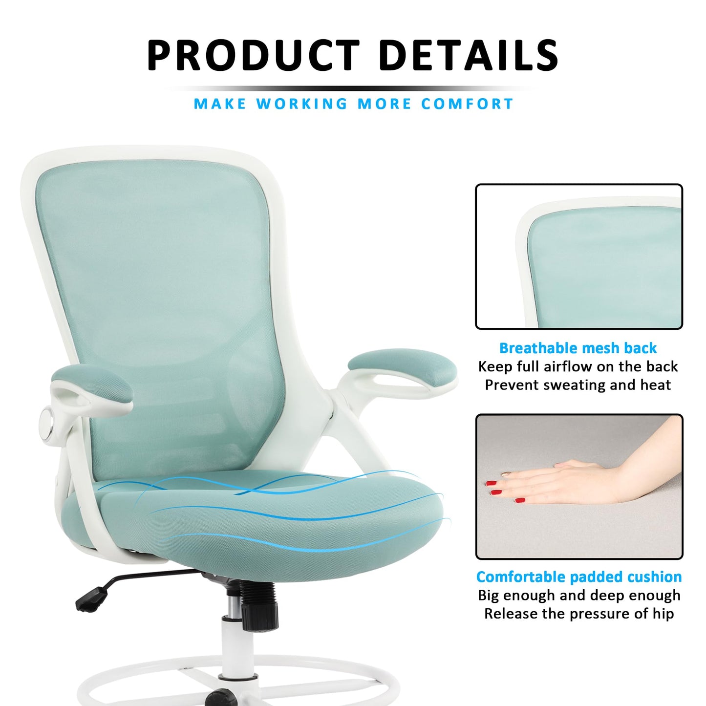 HYLONE Drafting Chair Tiffany Blue, Tall Office Chair Standing Desk Stool with Adjustable Height, Foot Ring, Flip-Up Arms, Mesh High-Back Office Chair, White