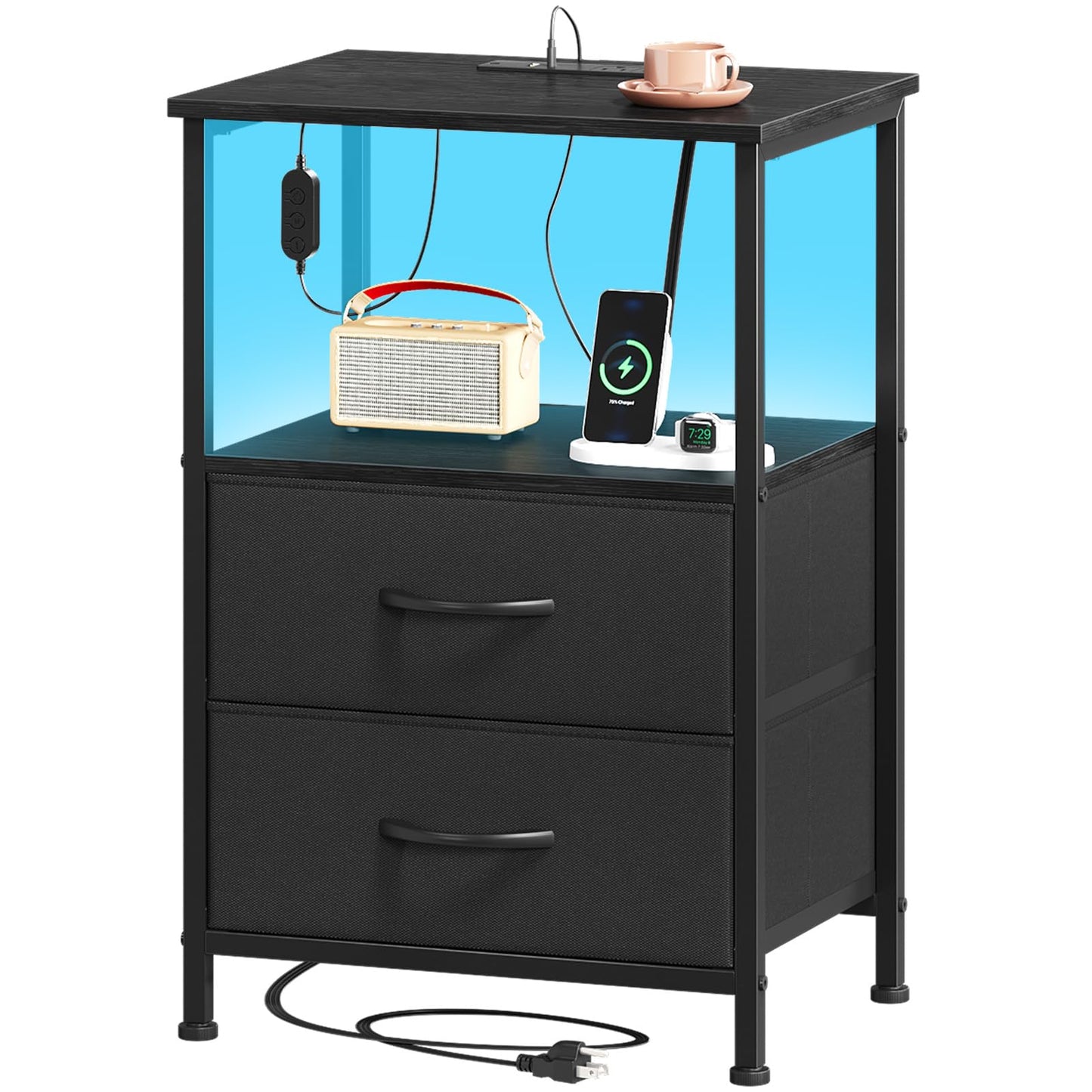 Somdot Black Nightstand with Charging Station and LED Light for Bedroom, 2 Drawers Dresser with Fabric Bins for Bedside Kids Dorm Room Closet Laundry Entryway, Black