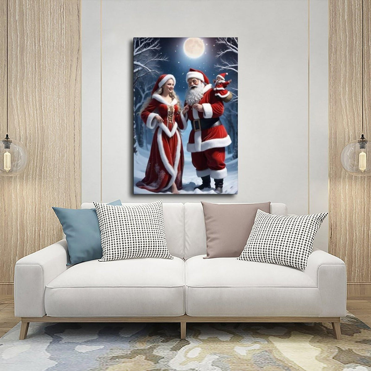 Santa Claus Family Figurine Set Christmas Decorations Including Mrs. Santa Claus Poster Wall Art Decor Print Picture Paintings for Living Room Bedroom Decoration Frame 24x36inch