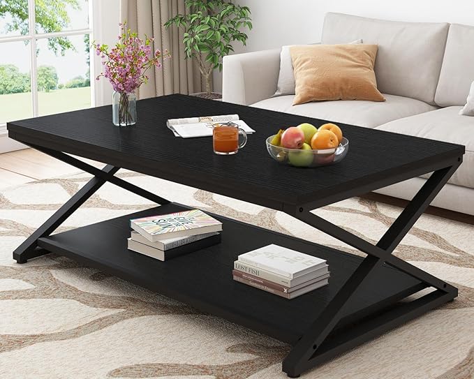 HSH Black Coffee Table Modern, 47 Inch Simple Rectangle Cocktail Table