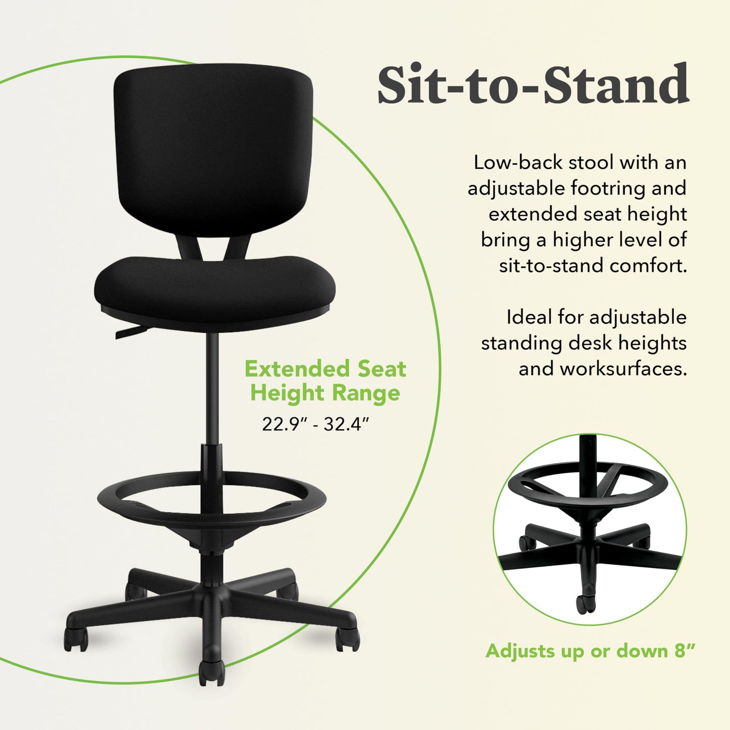 HON Volt Standing Desk Chair with Footring, Armless Ergonomic Task Stool with Center‑Tilt Recline, Adjustable Height Seating for Computers, Desks, and Sit‑Stand Workstations, Black