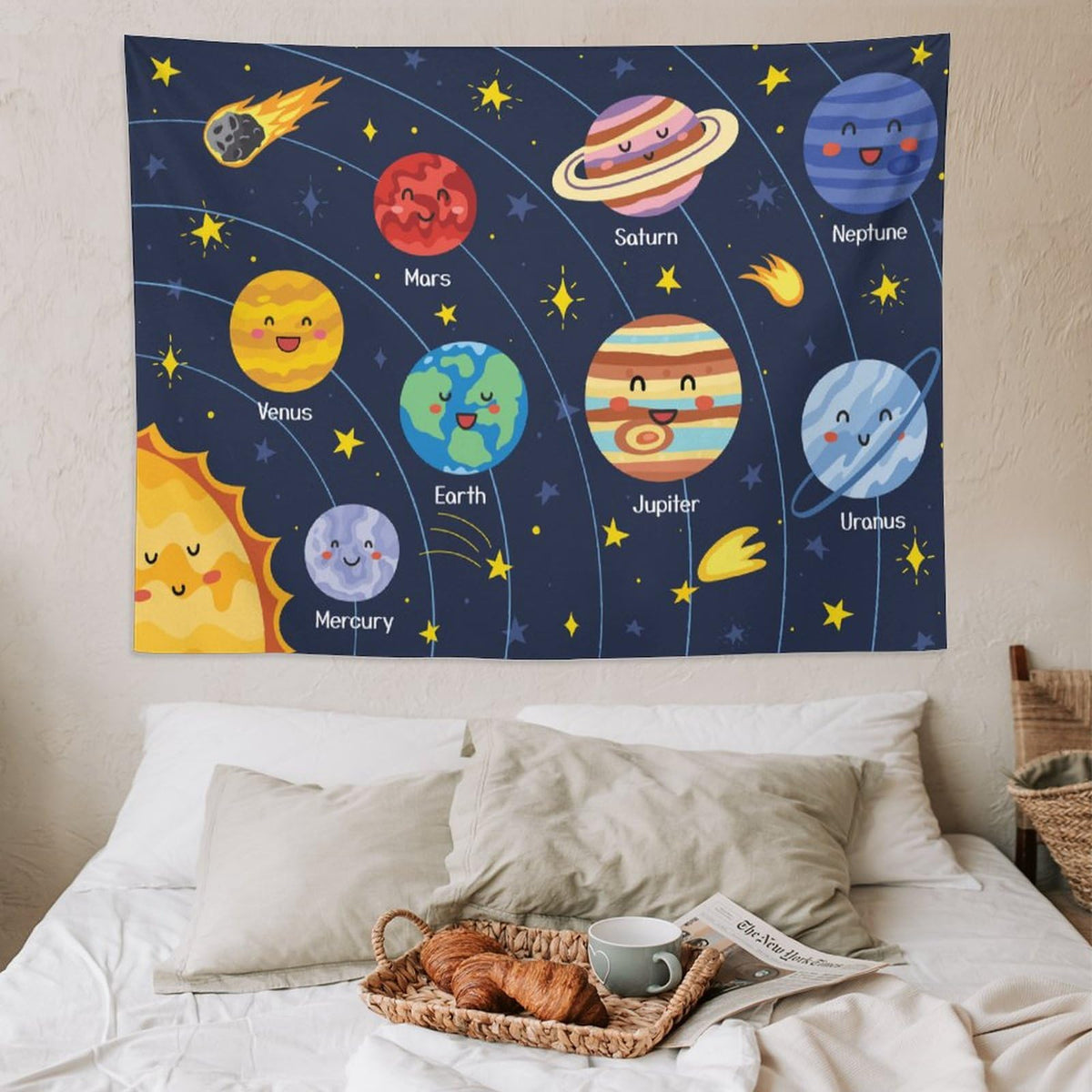 DDCBNS Cartoon Solar System Tapestry for Kids Boys Girls,Cute Outer Space Planet Universe Galaxy Print Tapestry Wall Hanging Home Décor for Study Bedroom Living Room Nursery 80" x 60"