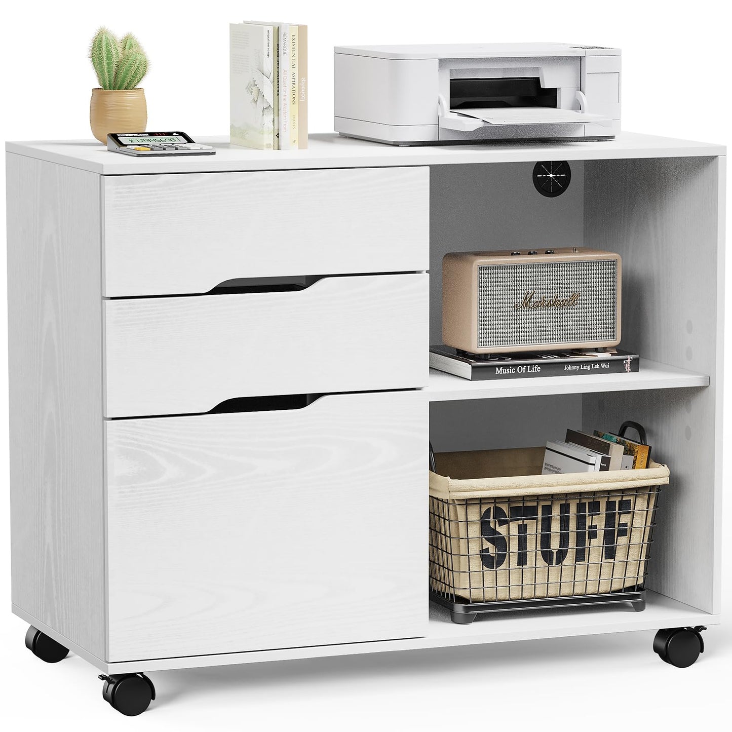 DUMOS Rolling File Cabinet with 3 Drawers, Wood Under Desk Printer Stand with Wheels and Adjustable Shelves, Lateral Filing Cabinet for Home Office, Small Space Storage Organizer, White
