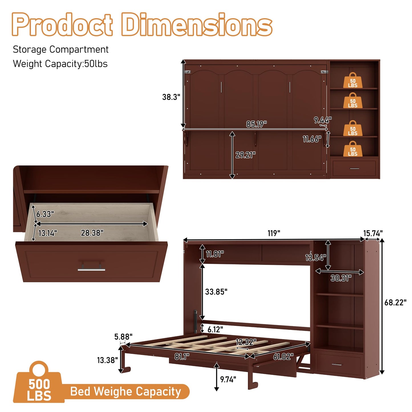 HECATEVIC Queen Size Murphy Bed with Storage, Space-Saving Wall Bed Cabinet with Adjustable Shelves, Foldable Bed Frame with Drawers, Walnut