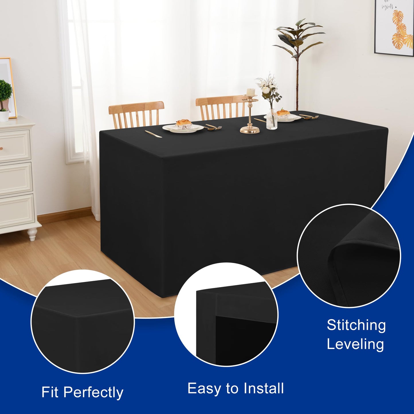 Hiasan Fitted Black 8ft Rectangle Table Cover Open Back Tablecloth Waterproof Stain Resistant Tablecover Table Toppers for Hotel Receptions, Vendor, Book Fair,Convention (Black,1 Pack)