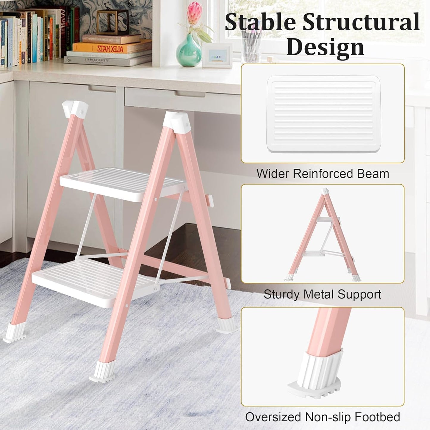 DIAMONDFORGE 2 Step Ladder, Folding Step Stool & Collapsible Stool for Kitchen, 330lbs Capacity with Wide Anti-Slip Pedal & Feet, Sturdy Steel Step Ladder for Home and Office, Pink & White