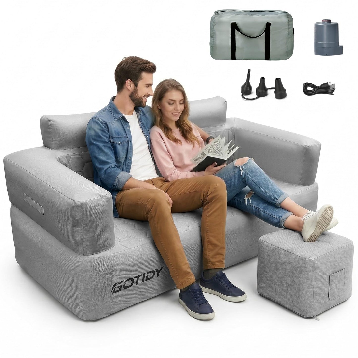 GOTIDY Inflatable Couch Loveseat with Footstool, Camping Couch with Detachable Built-in Pump, Inflatable Sofa with Breathable, Puncture-Resistant Fabric Texture Cover, Camping, Beach, Backyard Party