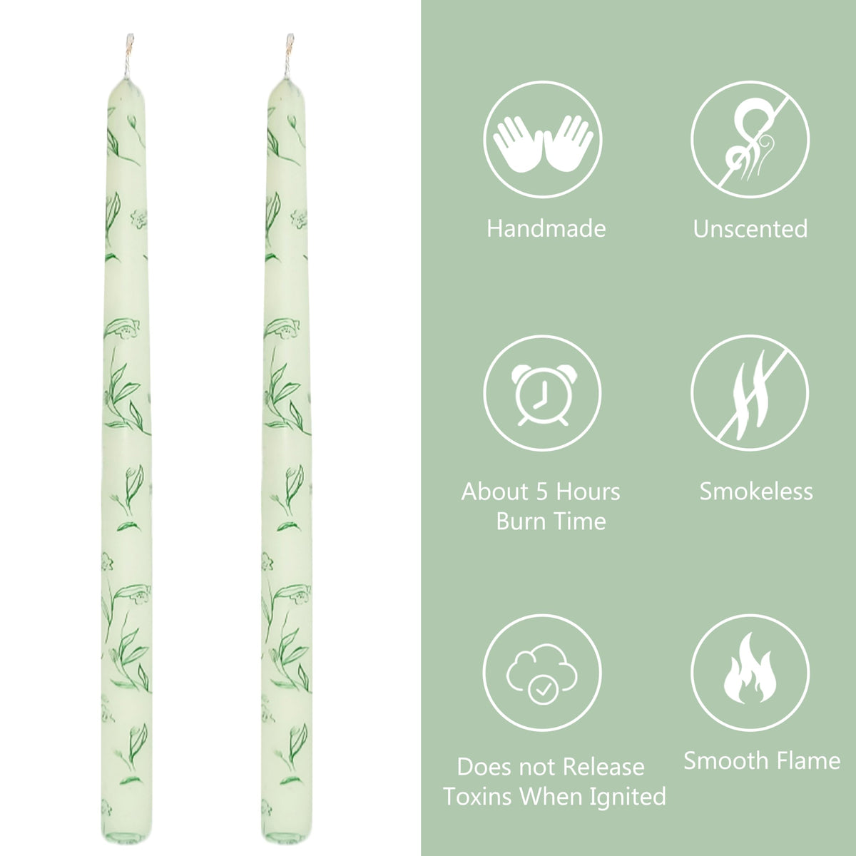 10 Inch Taper Candles Printed Candlesticks Handmade Unscented Smokeless,2pcs Tapered Candless Candle Sticks for Wedding Home Decoration(Grass)