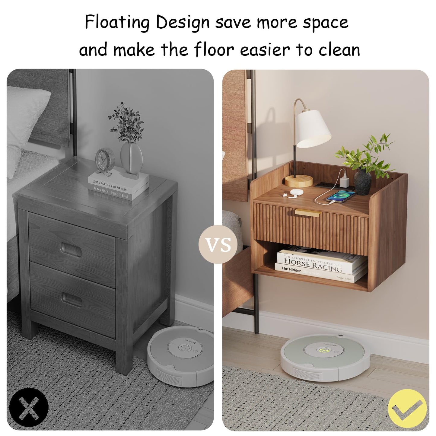 Arbuxzuy Floating Nightstand Set of 2 with Charging Station, Modern Wall Mounted Bedside Table with Drawer & Open Shelf, Minimalist Wooden Night Stand for Bedroom (Walnut Brown)