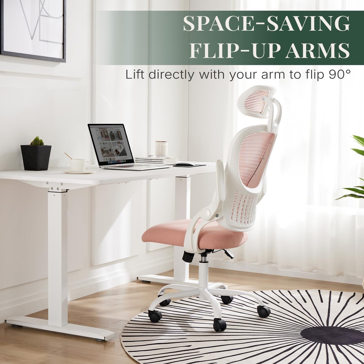 HAPPYMONT Ergonomic Office Chair, Comfy Desk Chair with Wheels, Adjustable Headrests, Flip-Up Armrests, Breathable Mesh High-Back, Comfortable Swivel Seating for Home Computer, Pink