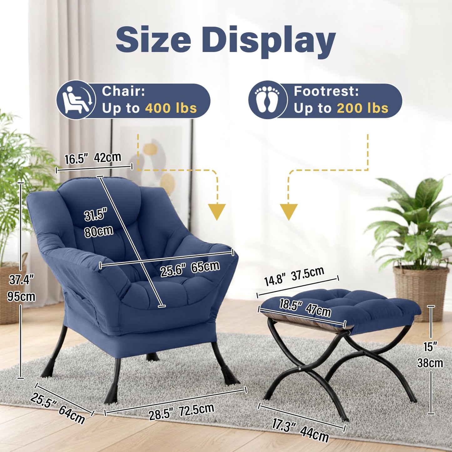 Givjoy Lazy Chair and Ottoman, Peach Blue Large Accent Chair with Side Pocket, Modern Leisure Upholstered Sofa Reading Armchair with Footrest for Office, Bedroom, Living Room, Dorm Rooms, Balcony