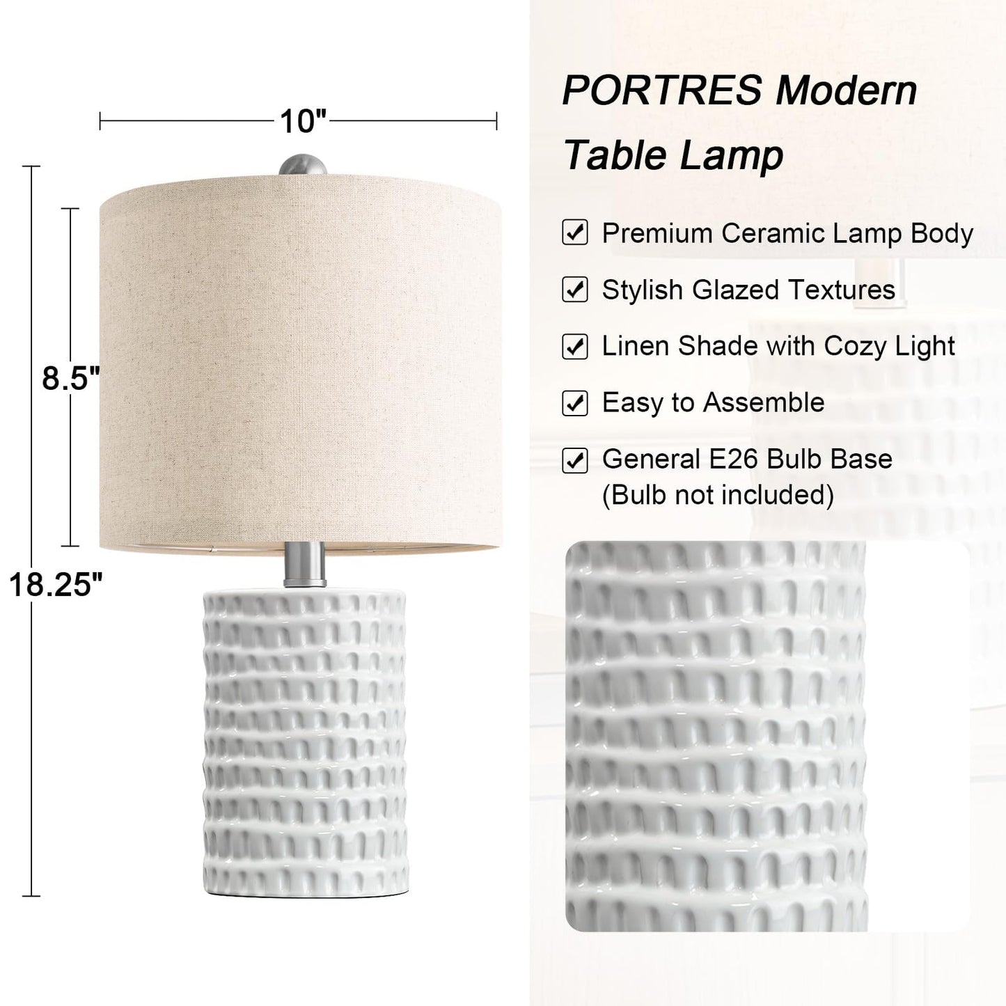 PORTRES 18.25" Modern Accent Ceramic Table Lamp Set of 2 for Bedroom White Desk Decor Bedside Lamps for Living Room Study Room Office Dorm Farmhouse Nightstand Lamp End Table Lamps