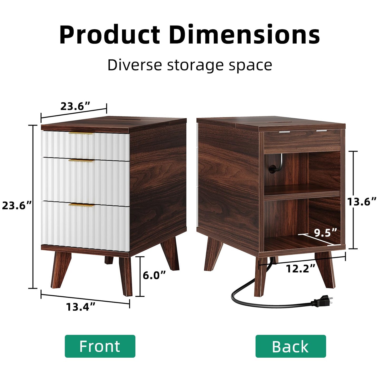 Kalrin Charging Nightstand with Hidden Outlets & 3 Drawers, Modern End Table, Bedside Table with USB Ports, Wave Groove Design, Compact Size, Heavy Duty Engineered Wood, Brown & White