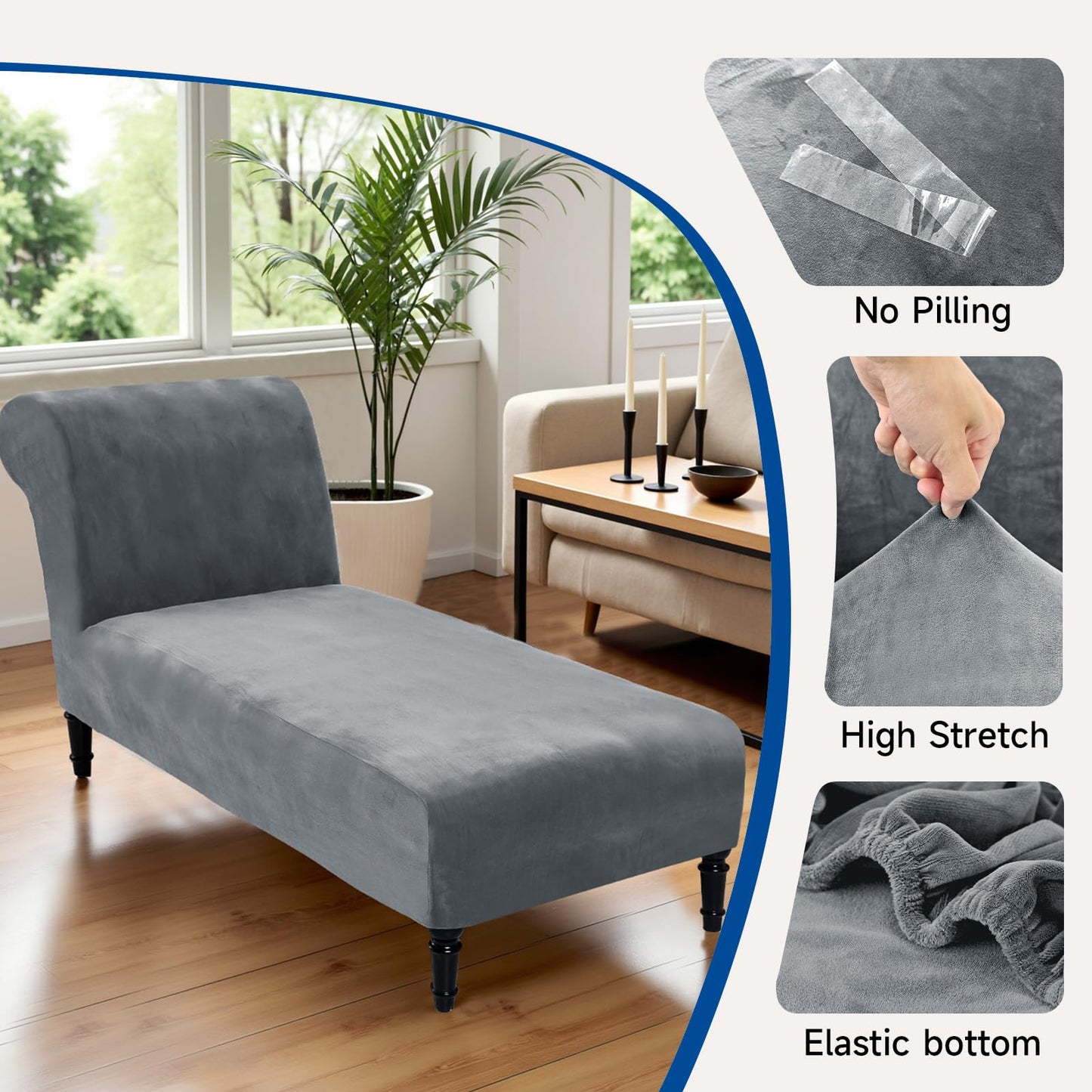 Velvet Chaise Lounge Cover Indoor Armless Chaise Slipcover Luxury High Stretch Ultra Soft Lounge Chair Covers Modern Machine Washable Chair Cover for Living Room Bedroom Furniture, Dark Grey